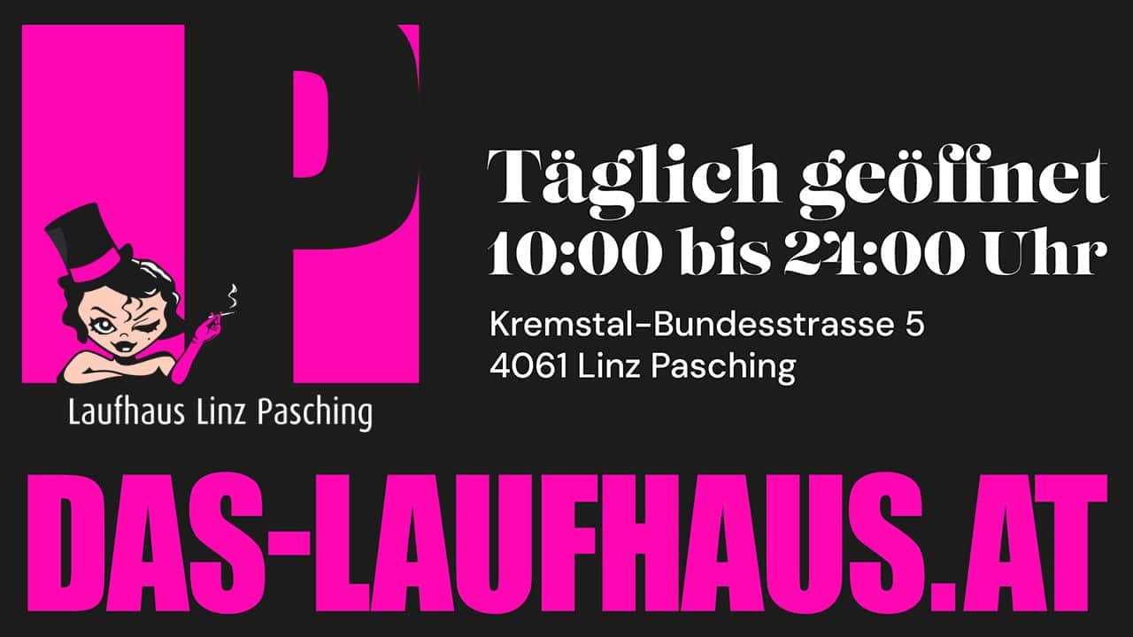 Werbung fuer das Laufhaus in Pasching fuer Luxusapartements und die Oeffnungszeiten in pink schwarzem Logo 2