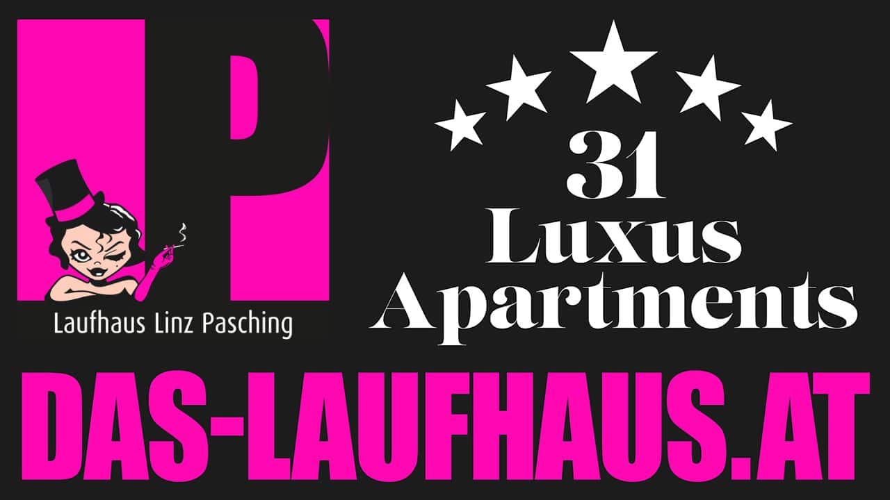 Werbung fuer das Laufhaus in Pasching fuer Luxusapartements und die Oeffnungszeiten in pink schwarzem Logo