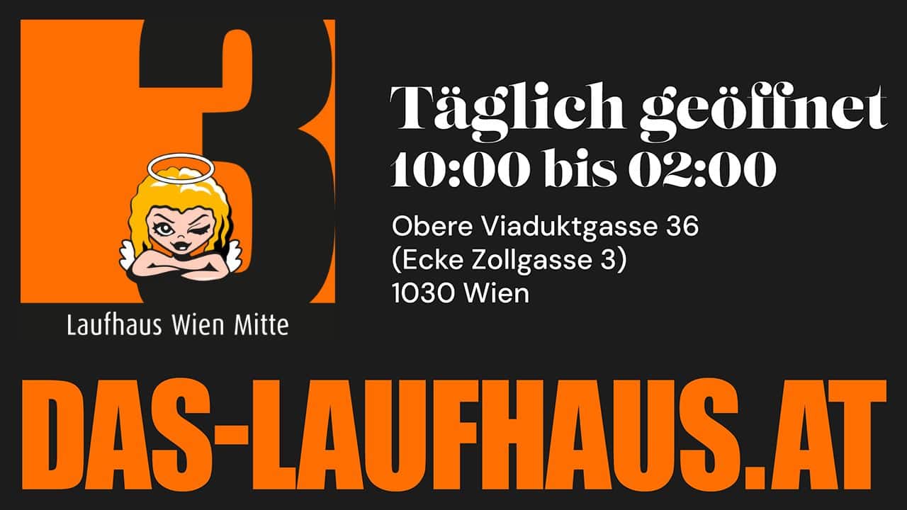 Werbung das Laufhaus Zollgasse in orange schwarzem Logofarben