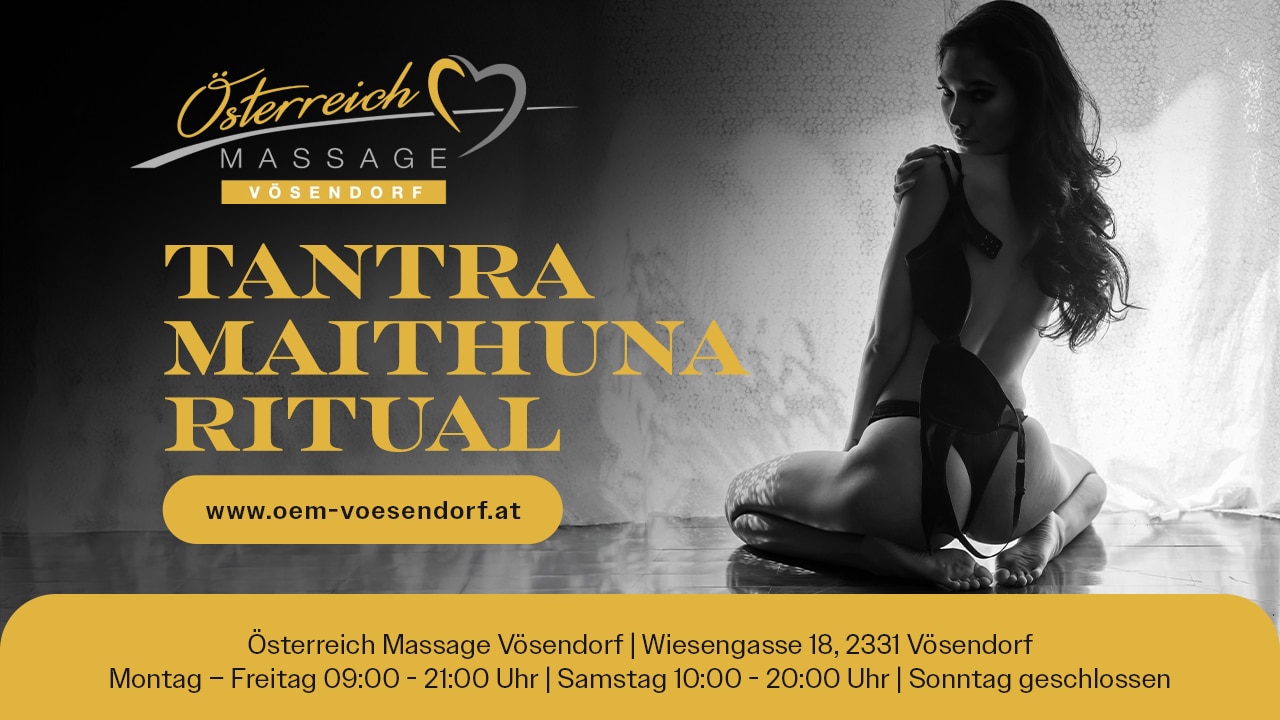 Massage Voesendorf wirbt fuer Tantra Maithuna Ritual mit einer nackten Dame kniend mit dem Rücken und Po sichtbar