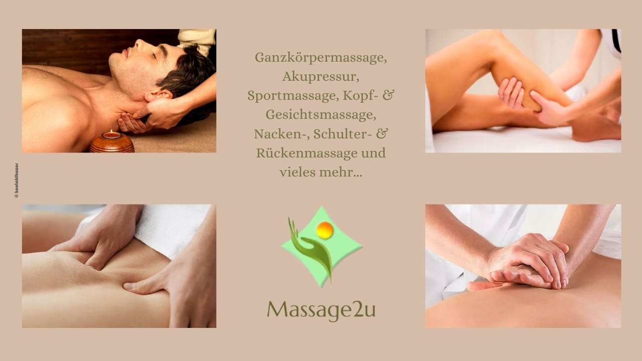 Massage2u zeigt 4 Bilder mit massierenden Haenden auf Koerpern zur Entspannung